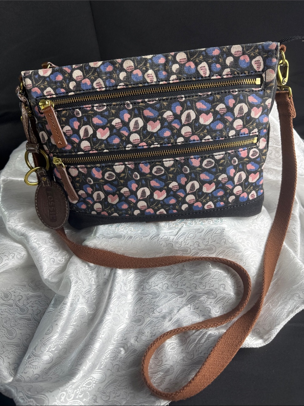 Fossil Navy Floral Print Crossbody with Brown Strap